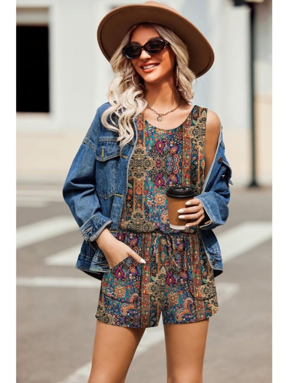 Women's Pattern 7 Summer Sleeveless Scoop Neck Tank Top Casual Short Romper - Picture 5 of 6